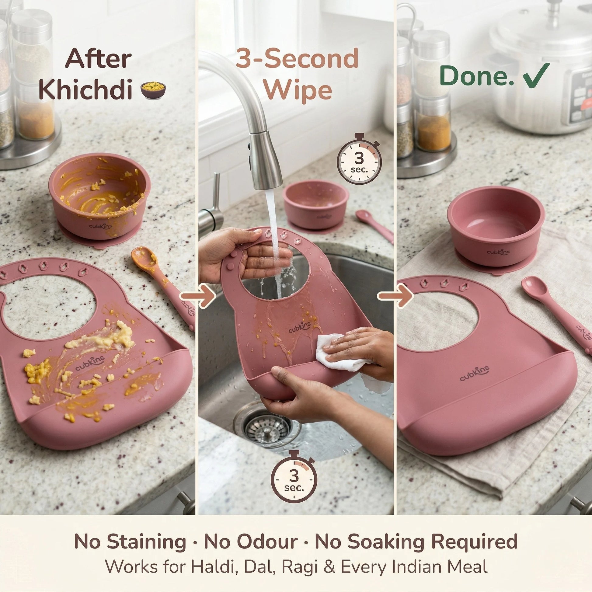 Cubkins raspberry silicone bib and bowl cleaned in 3 seconds after khichdi — no staining, no odour, no soaking required