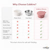 Comparison chart: Why choose Cubkins silicone bowl over plastic and steel bowls - BPA-free non-toxic, suction base, microwave safe, storage lid included, dishwasher safe, soft won't hurt gums