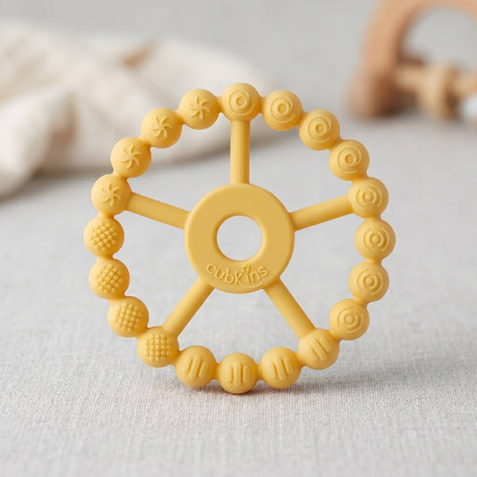 Cubkins BIS certified silicone ring teether in Lemon Yellow — one-piece wheel design with 20 textured beads, 3 months+