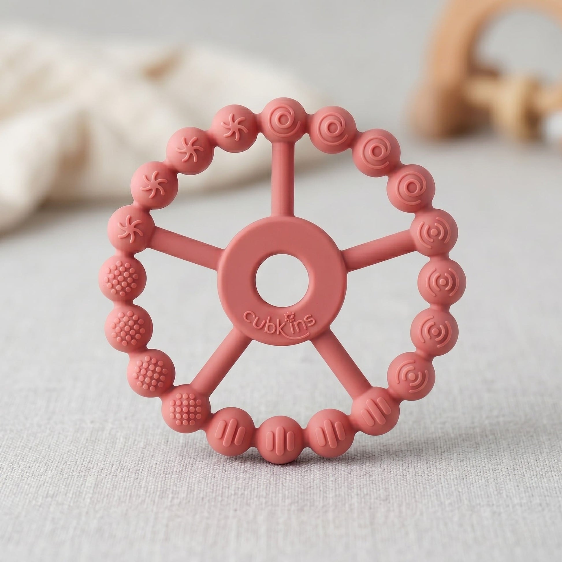 Cubkins Silicone Ring Teether in Raspberry pink – BIS Certified, BPA Free, food-grade silicone teether for babies 3 months and above