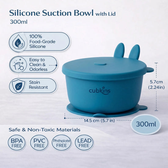 Cubkins blue silicone suction bowl specifications: 300ml capacity, 14.5cm diameter, 5.7cm height, 100% food-grade silicone, BPA-free PVC-free phthalate-free lead-free, easy to clean odorless stain resistant