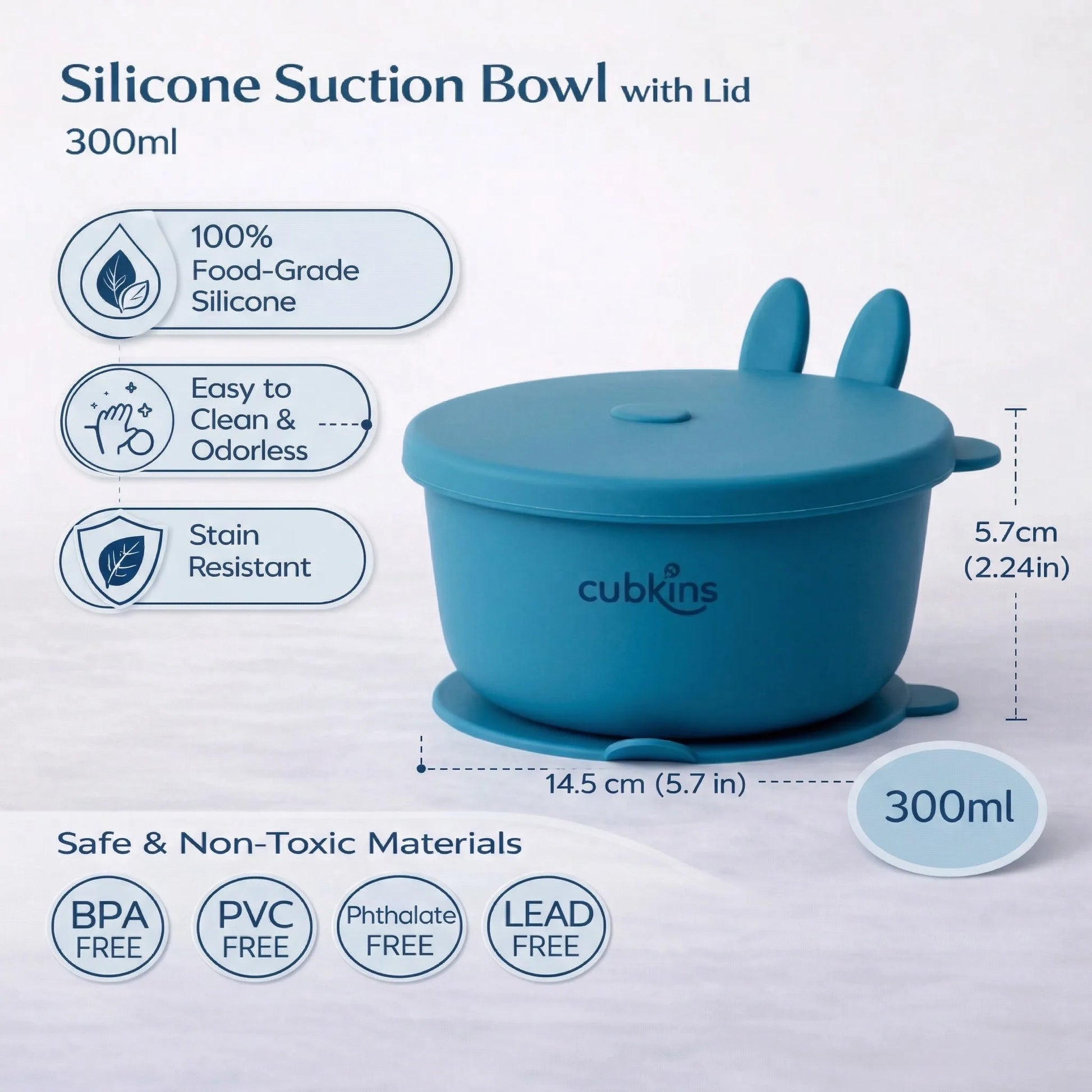 Cubkins blue silicone suction bowl specifications: 300ml capacity, 14.5cm diameter, 5.7cm height, 100% food-grade silicone, BPA-free PVC-free phthalate-free lead-free, easy to clean odorless stain resistant