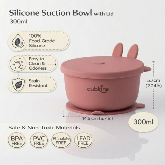 Cubkins raspberry pink silicone suction bowl specifications: 300ml capacity, 14.5cm diameter, 5.7cm height, 100% food-grade silicone, BPA-free PVC-free phthalate-free lead-free, easy to clean odorless stain resistant