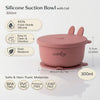 Cubkins raspberry pink silicone suction bowl specifications: 300ml capacity, 14.5cm diameter, 5.7cm height, 100% food-grade silicone, BPA-free PVC-free phthalate-free lead-free, easy to clean odorless stain resistant