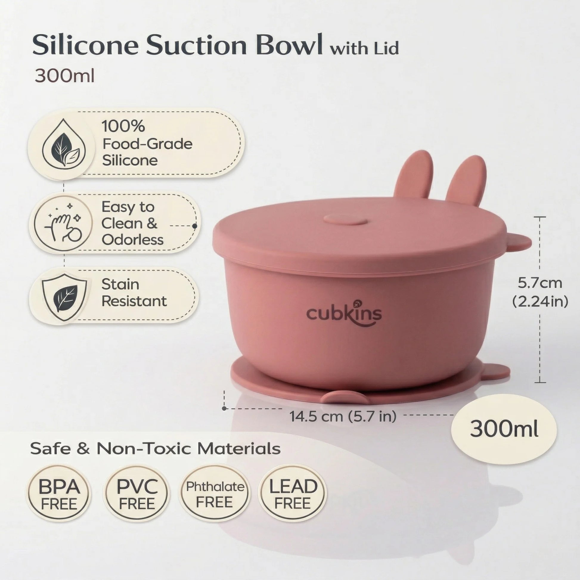 Cubkins raspberry pink silicone suction bowl specifications: 300ml capacity, 14.5cm diameter, 5.7cm height, 100% food-grade silicone, BPA-free PVC-free phthalate-free lead-free, easy to clean odorless stain resistant