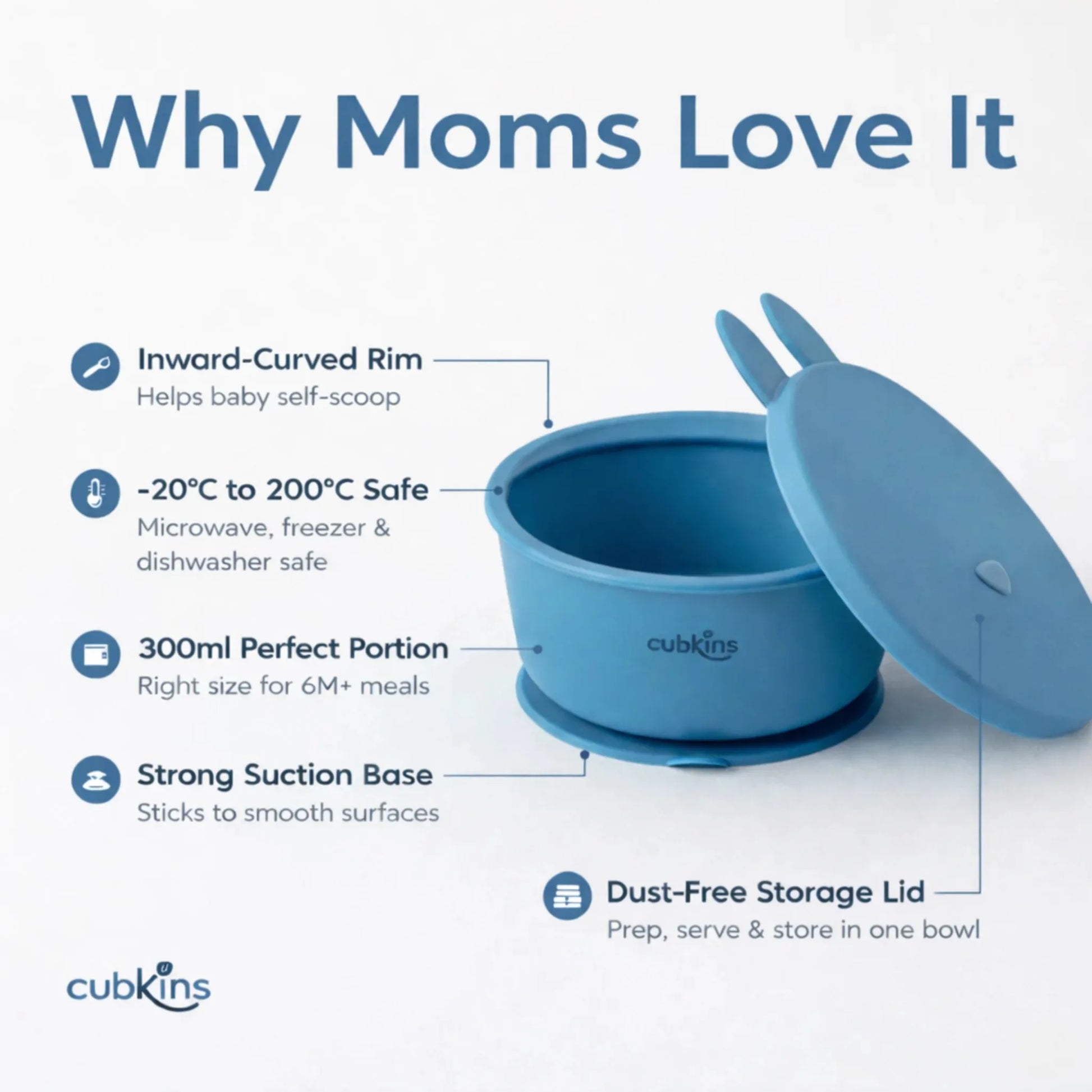 Cubkins blue silicone suction bowl features: inward-curved rim for self-scooping, microwave freezer dishwasher safe -20°C to 200°C, 300ml perfect portion for 6M+ meals, strong suction base, dust-free storage lid