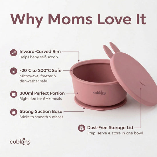 Cubkins raspberry silicone suction bowl features: inward-curved rim for self-scooping, microwave freezer dishwasher safe -20°C to 200°C, 300ml perfect portion for 6M+ meals, strong suction base, dust-free storage lid.