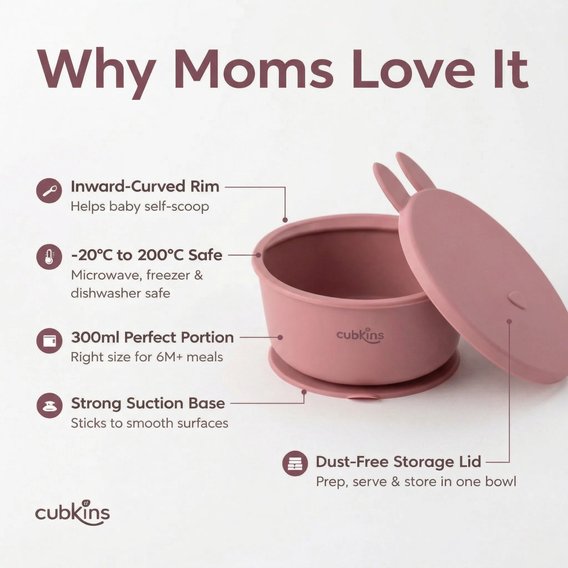 Cubkins raspberry silicone suction bowl features: inward-curved rim for self-scooping, microwave freezer dishwasher safe -20°C to 200°C, 300ml perfect portion for 6M+ meals, strong suction base, dust-free storage lid.