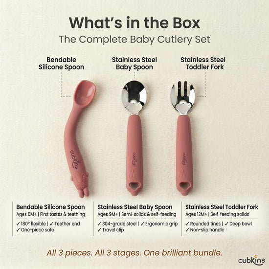 What's in the box – Cubkins 3-piece baby cutlery set in raspberry: bendable silicone spoon (6M+), stainless steel baby spoon with ergonomic grip (9M+), and rounded-tine toddler fork (12M+)