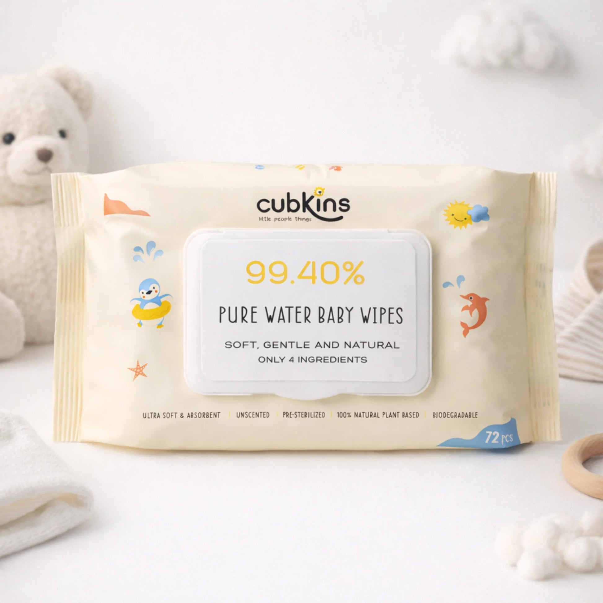 Cubkins Pure Water Baby Wipes pack of 72 unscented plant-based wipes with moisture-lock flip lid